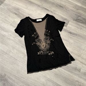 Oober Swank Black Rocker Graphic Women's Top with mesh cleavage